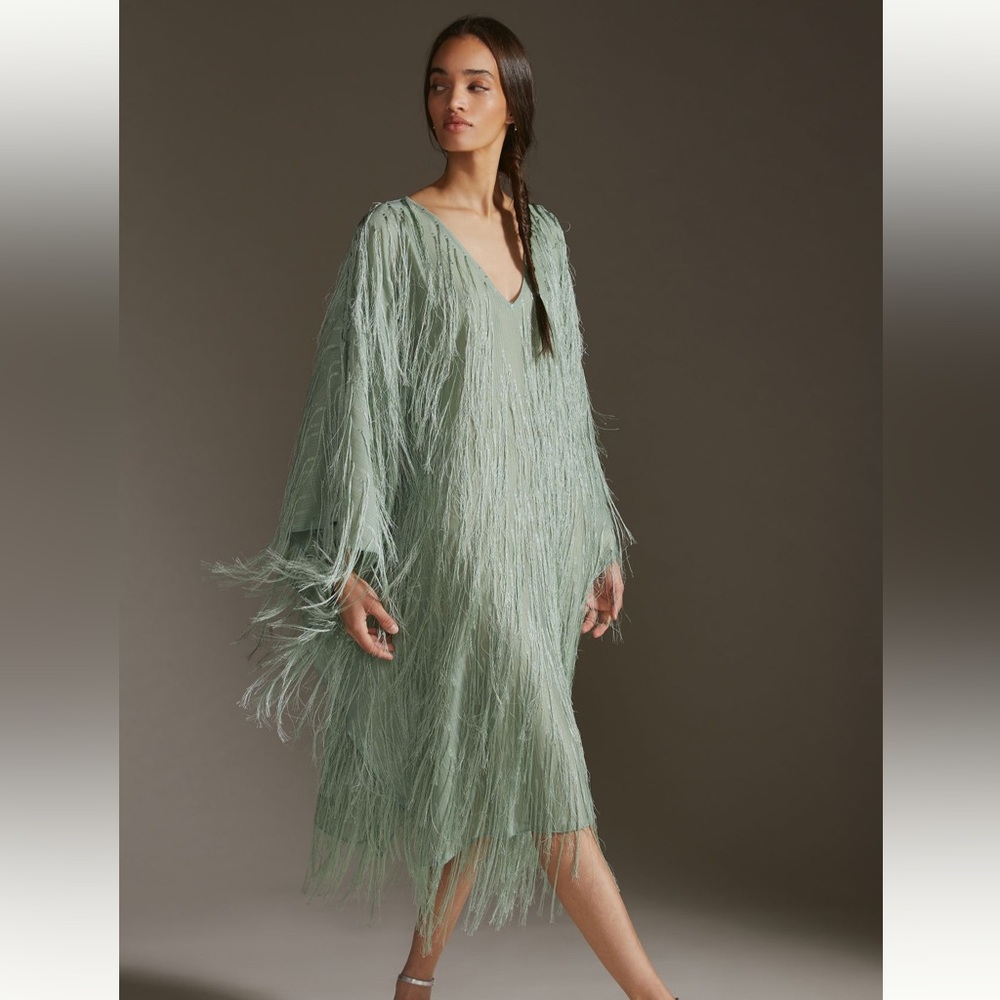Anthropologie Maeve Mint Green Fringe Dress One size Caftan style flowy dress